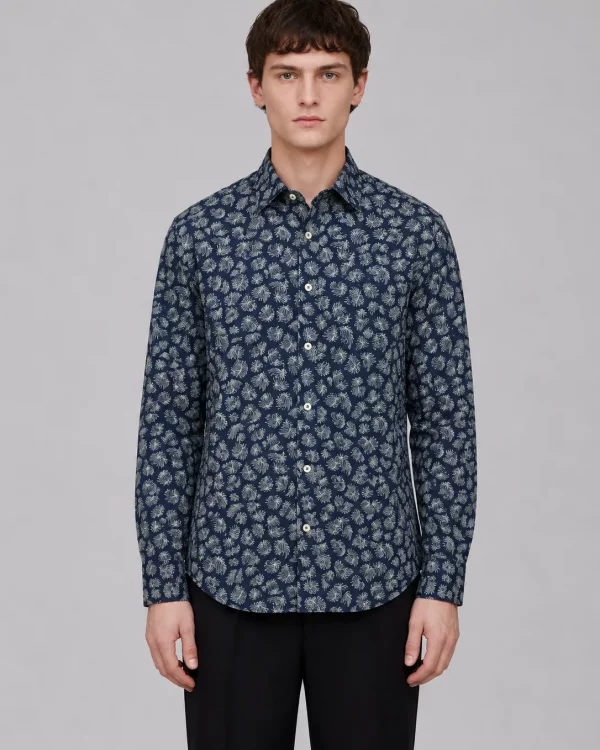 Camisa marino estampado tropical de hojas con cuello button-down – Urban Collection