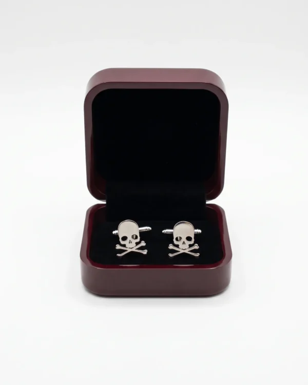 Gemelos de calavera plateados de acero inoxidable en estuche de regalo